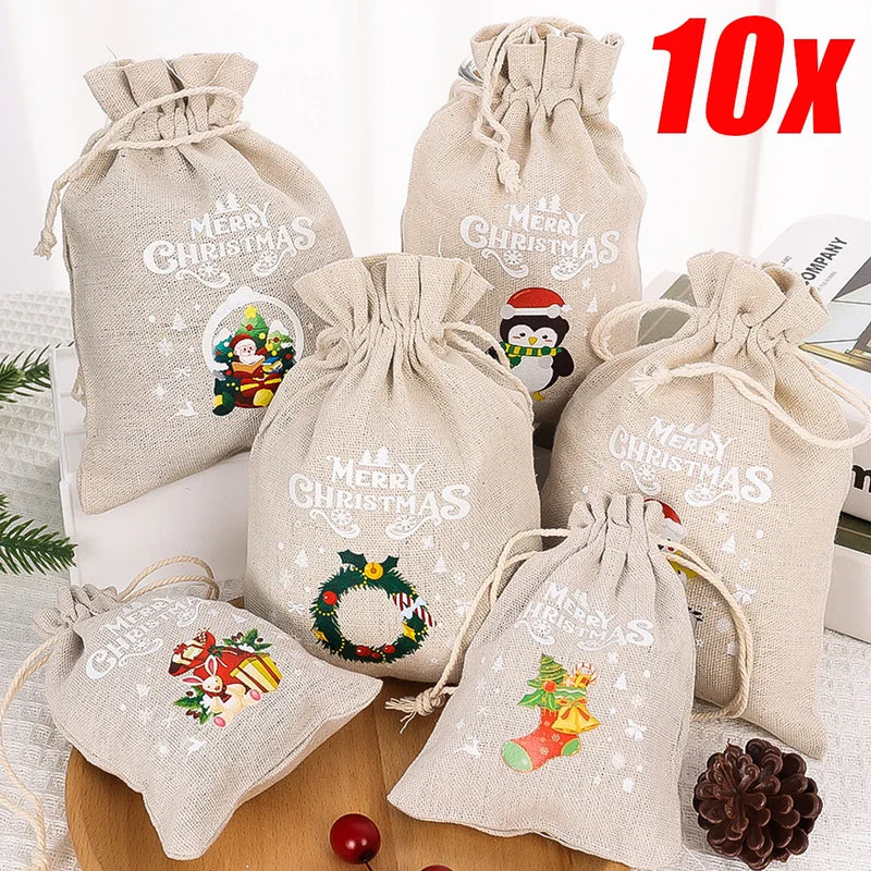 Christmas Gift Bags – Santa & Snowflake Linen Pouches - Rey.me