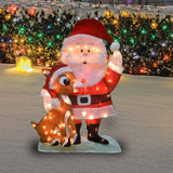 Pre Lit Fabric Santa Claus and Rudolph 2D Outdoor Holiday Lawn Ornament Christmas Yard Decoration with 70 Clear Lights and Stand - Rey.me