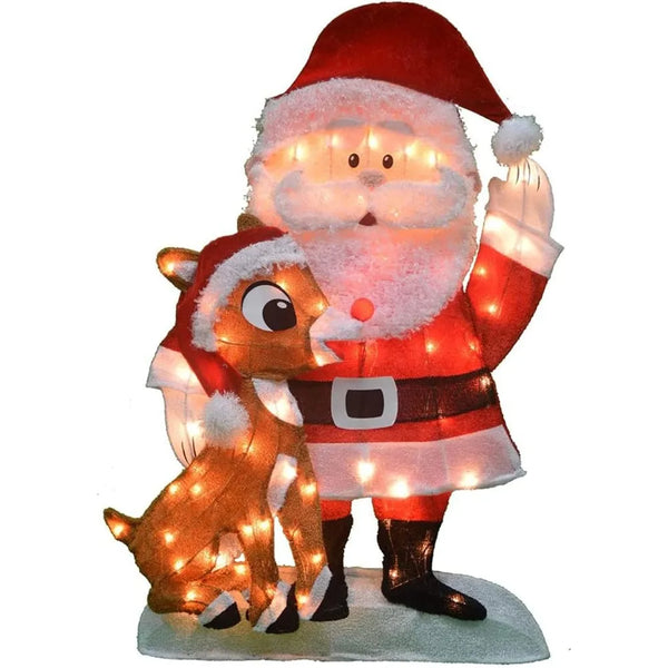 Pre Lit Fabric Santa Claus and Rudolph 2D Outdoor Holiday Lawn Ornament Christmas Yard Decoration with 70 Clear Lights and Stand - Rey.me