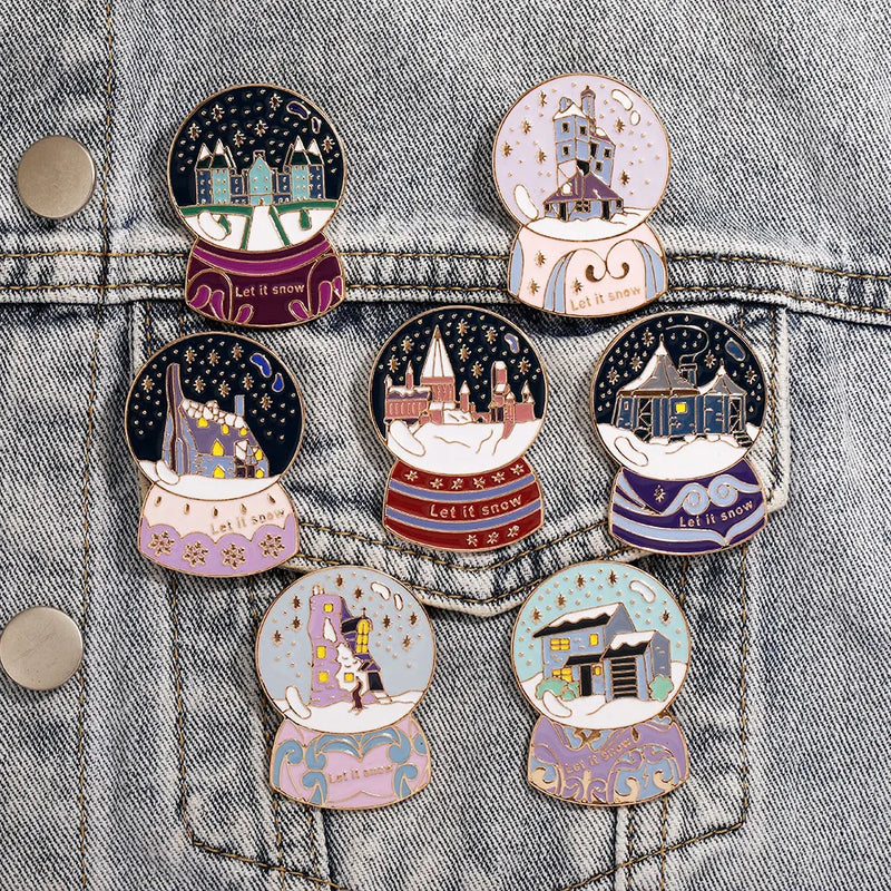 Wholesale Christmas Crystal Ball Collection Colorful Enamel Brooches Let It Snow Castle Winter Pins Xmas Party Jewelry Gift - Rey.me