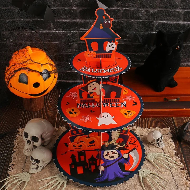 Halloween Pumpkin Multi-tier Cake Stand Decoration 3D Paper Cake Tray Party Christmas Treats Setting Cake Tools - Rey.me