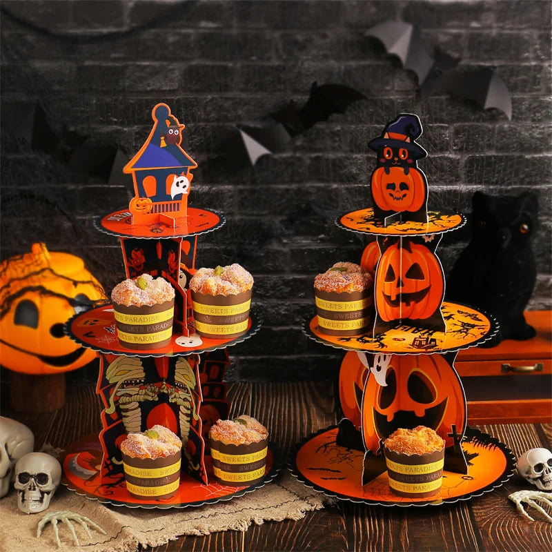 Halloween Pumpkin Multi-tier Cake Stand Decoration 3D Paper Cake Tray Party Christmas Treats Setting Cake Tools - Rey.me