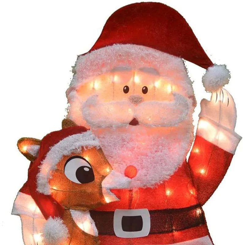 Pre Lit Fabric Santa Claus and Rudolph 2D Outdoor Holiday Lawn Ornament Christmas Yard Decoration with 70 Clear Lights and Stand - Rey.me