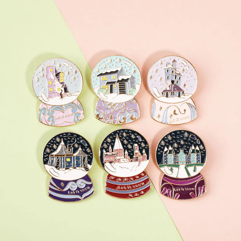 Wholesale Christmas Crystal Ball Collection Colorful Enamel Brooches Let It Snow Castle Winter Pins Xmas Party Jewelry Gift - Rey.me